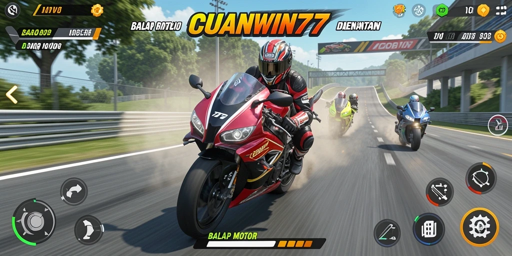 Screenshot utama CUANWIN77 menampilkan aksi balap motor yang mendebarkan.