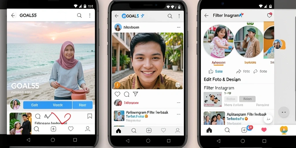 Tampilan antarmuka GOAL55 dengan berbagai pilihan filter foto.