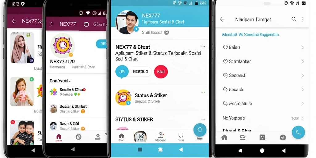 Antarmuka NEX777 menampilkan berbagai pilihan stiker dan status yang menarik.