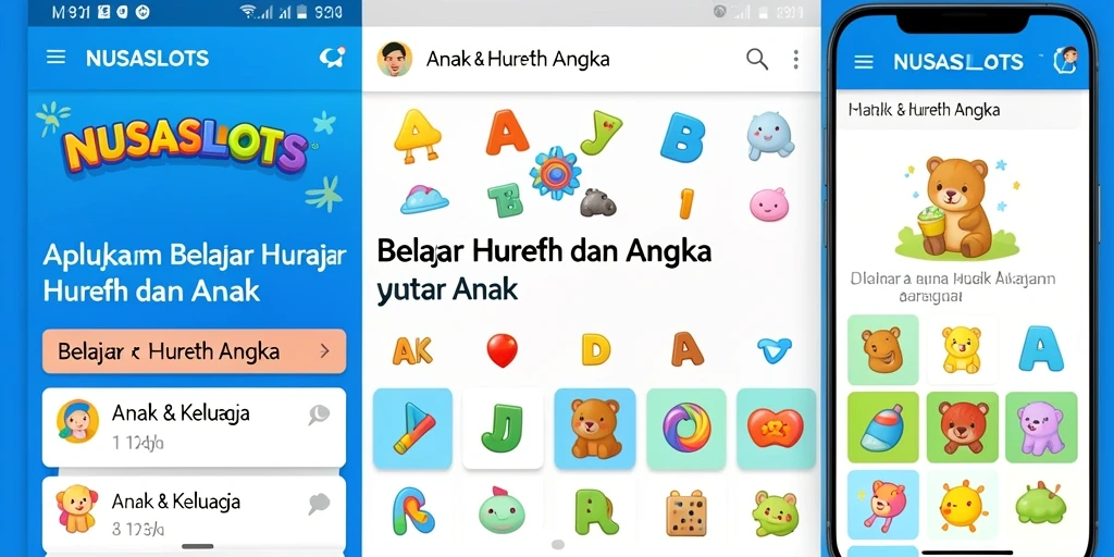 Antarmuka aplikasi NUSASLOTS yang ceria dan edukatif untuk belajar huruf dan angka.