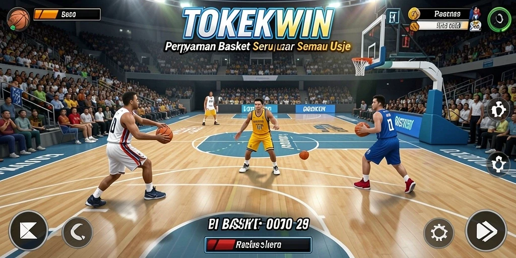 Tampilan antarmuka utama TOKEKWIN yang menampilkan karakter bermain basket.